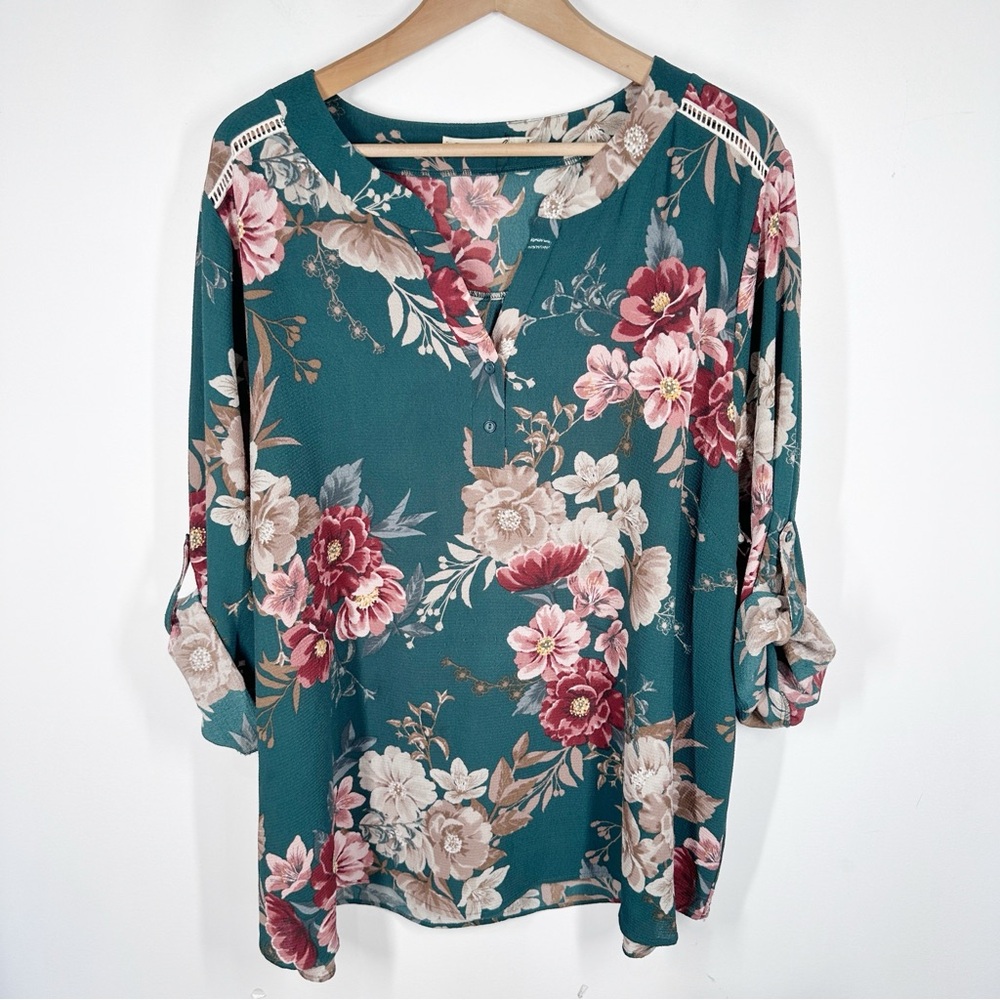 Liberty Love Teal and Burgundy Floral Blouse Plus Size 3XL